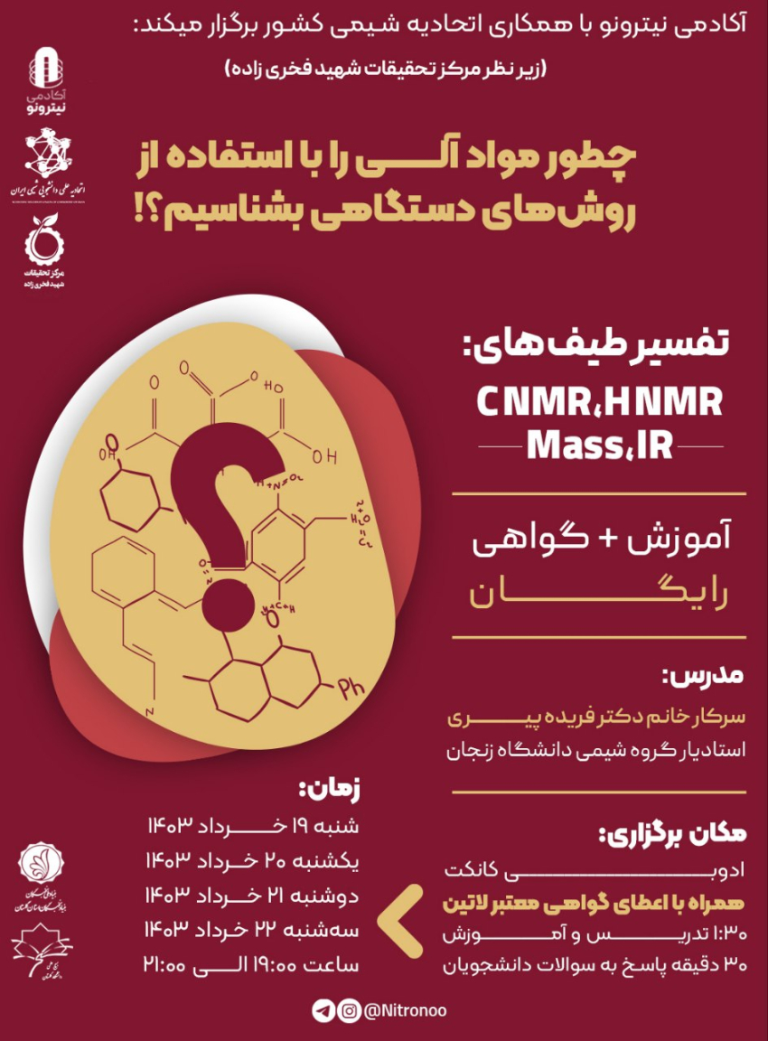 ورکشاپ جامع تفسیر طیف‌های آنالیز دستگاهی (IR, Mass, HNMR, CNMR)